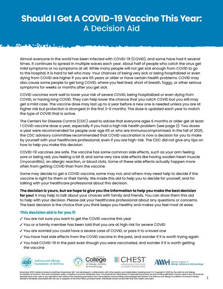 The first page of the Should I get a COVID-19 vaccine this year: A decision aid