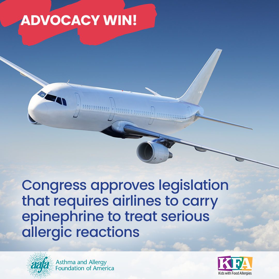 Airplane with the text Advocacy Win, Congress approves legislation requiring updates to airline emergency medical kits