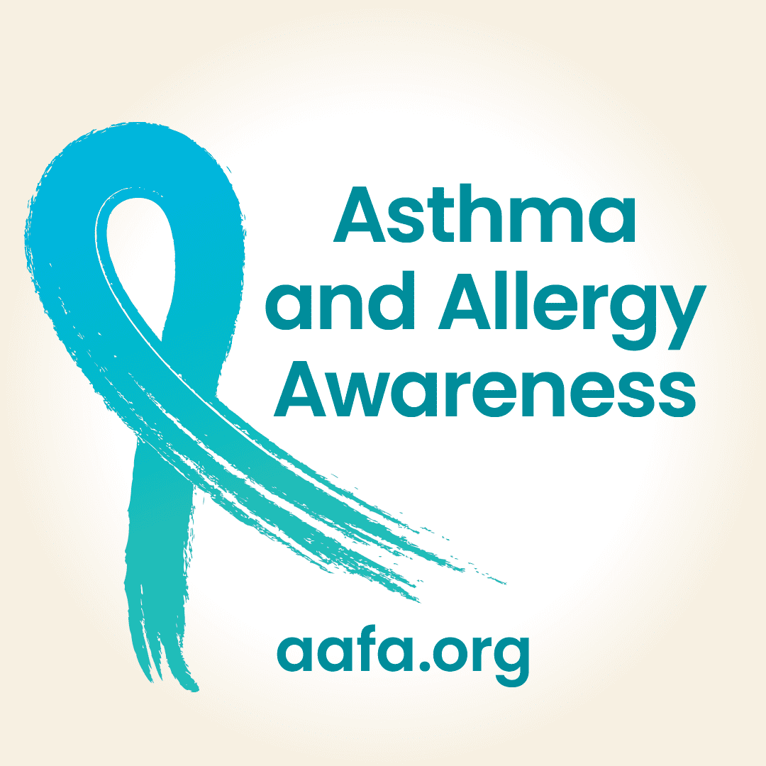 A light blue and teal ribbon with the text Asthma and Allergy Awareness aafa.org