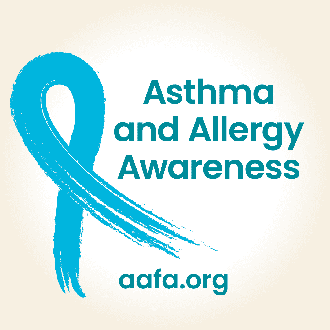 A light blue ribbon with the text Asthma and Allergy Awareness