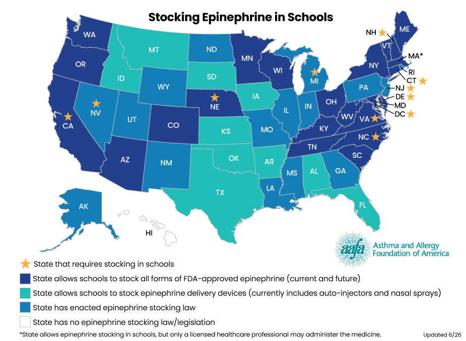 Schools state map for Stocking epinephrine 2025