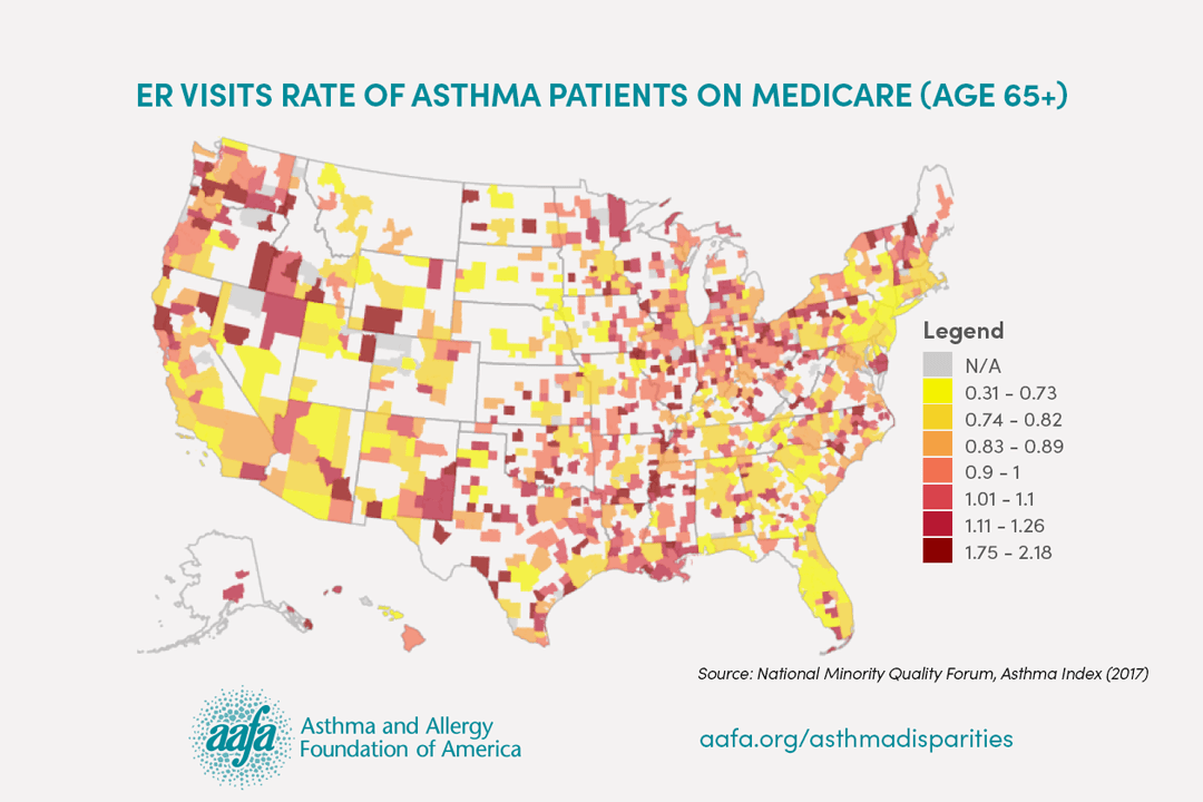 U.S. map showing rate of ER visits by asthma patients on medicare