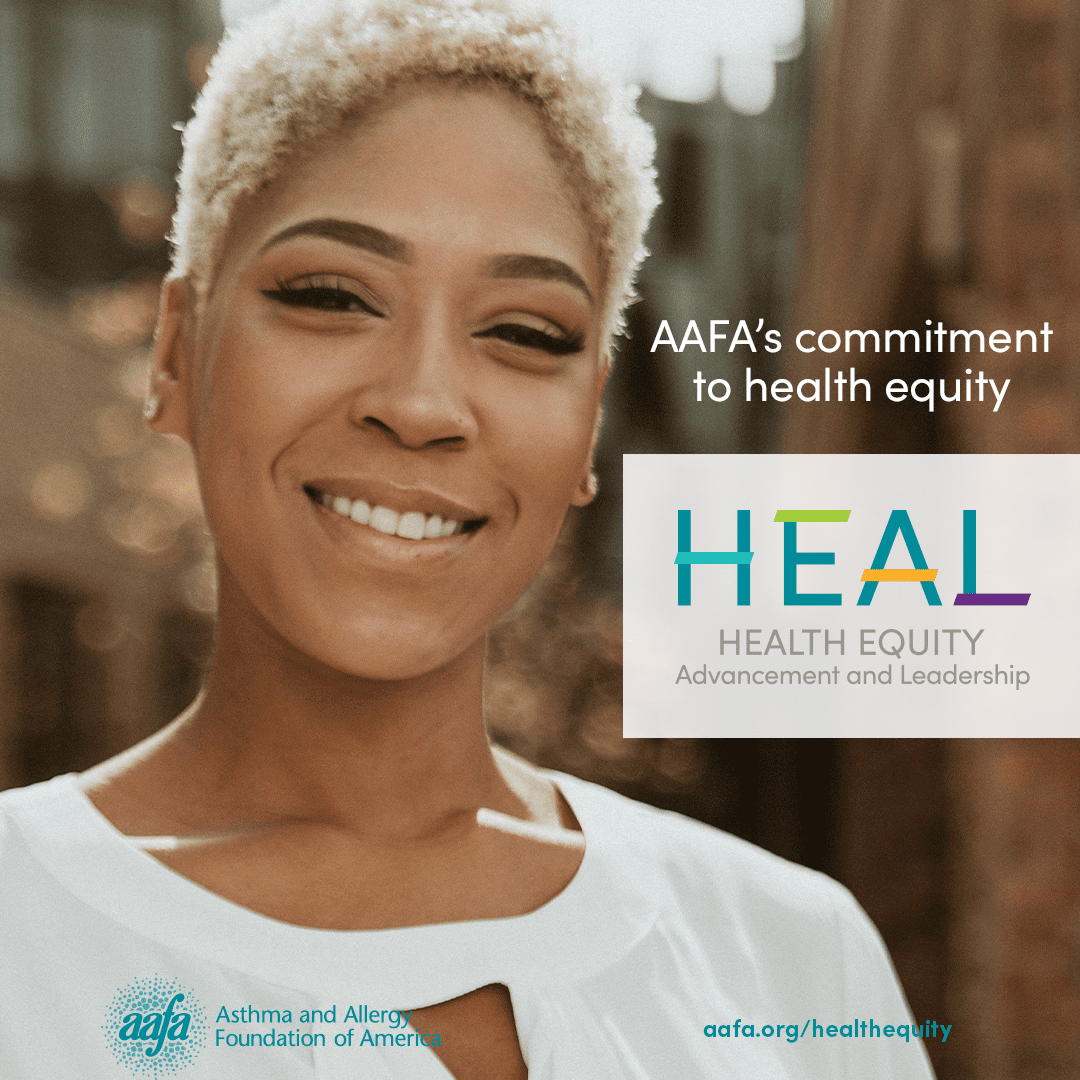 Smiling woman with the text HEAL Healthy Equity Advancement and Leadership