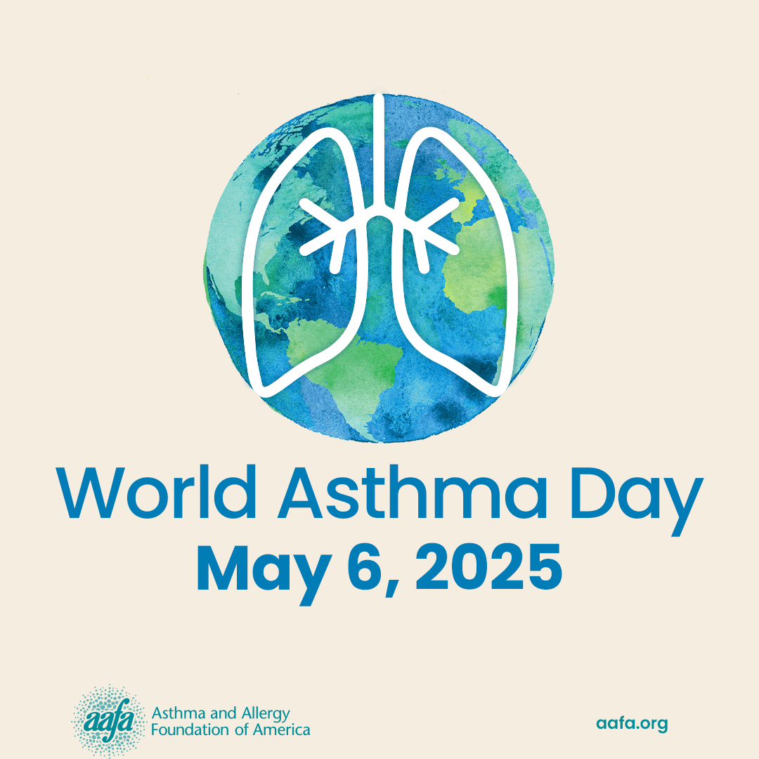 A watercolor image of the earth with a line drawing of lungs overlayed and the text World Asthma Day May 7, 2024