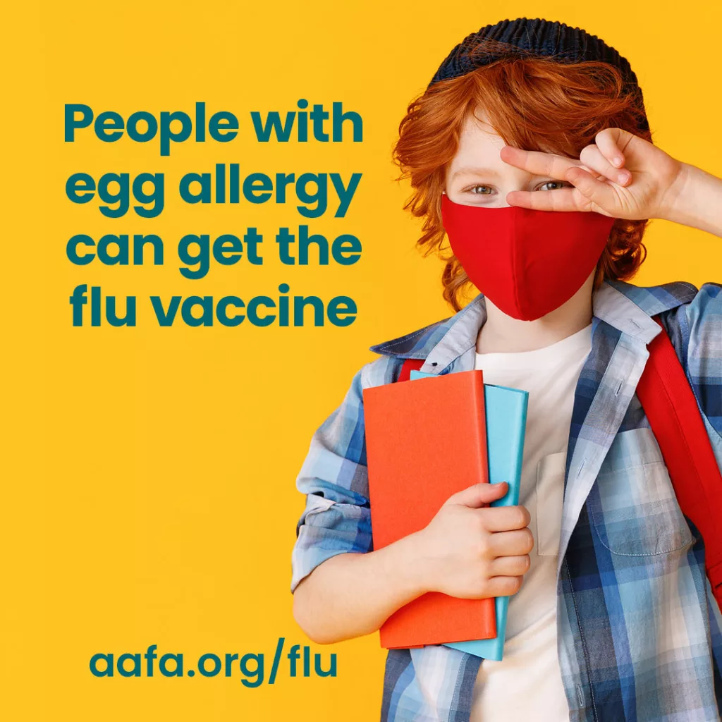 A boy wearing a face mask against a yellow background with text that says: People with egg allergy can get the flu vaccine